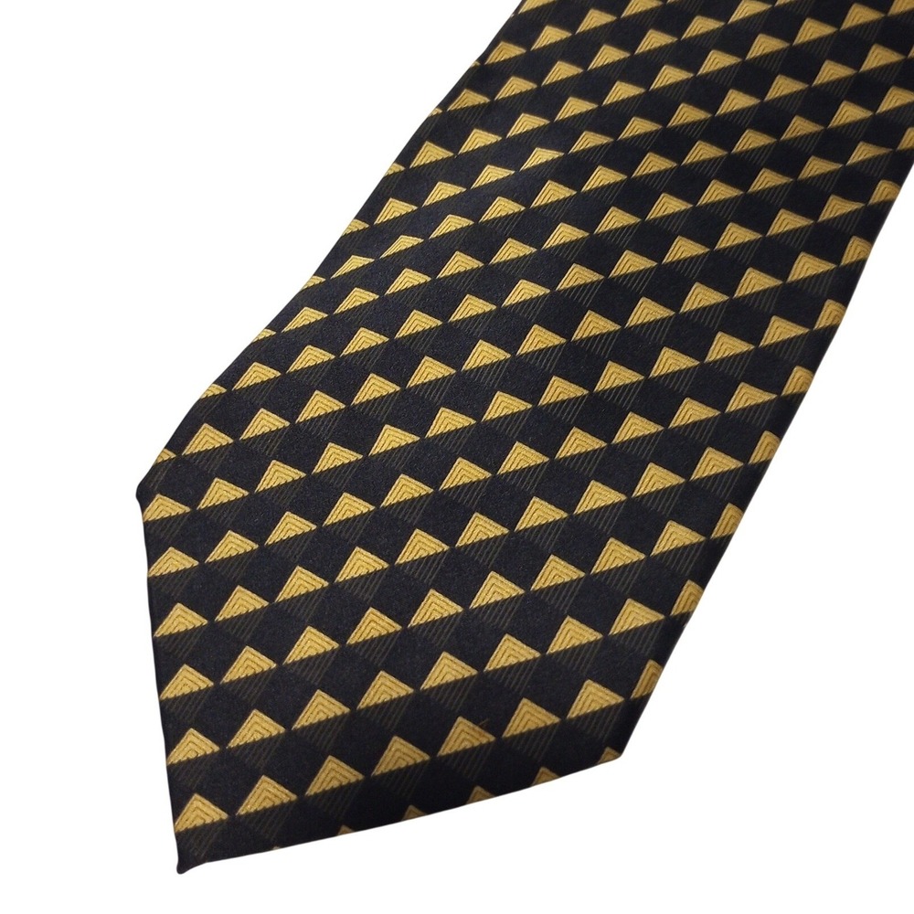 DiMaggio Mens Silk Tie Navy Blue Gold Geometric Pyramid Pattern Hand Made Korea